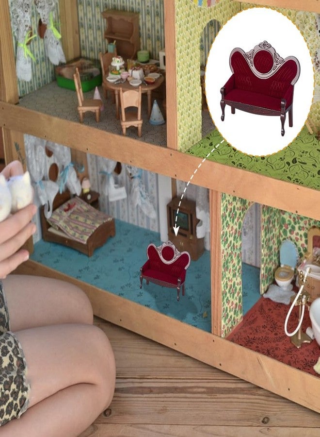 AHANDMAKER Dollhouse Furniture Miniature Accessories, 1/12 Scale Mini House Vintage Red Wooden Carved Sofa Bench Armchairs for Dollhouse Living Room Scene Simulation Craft Decoration Party - Image 5